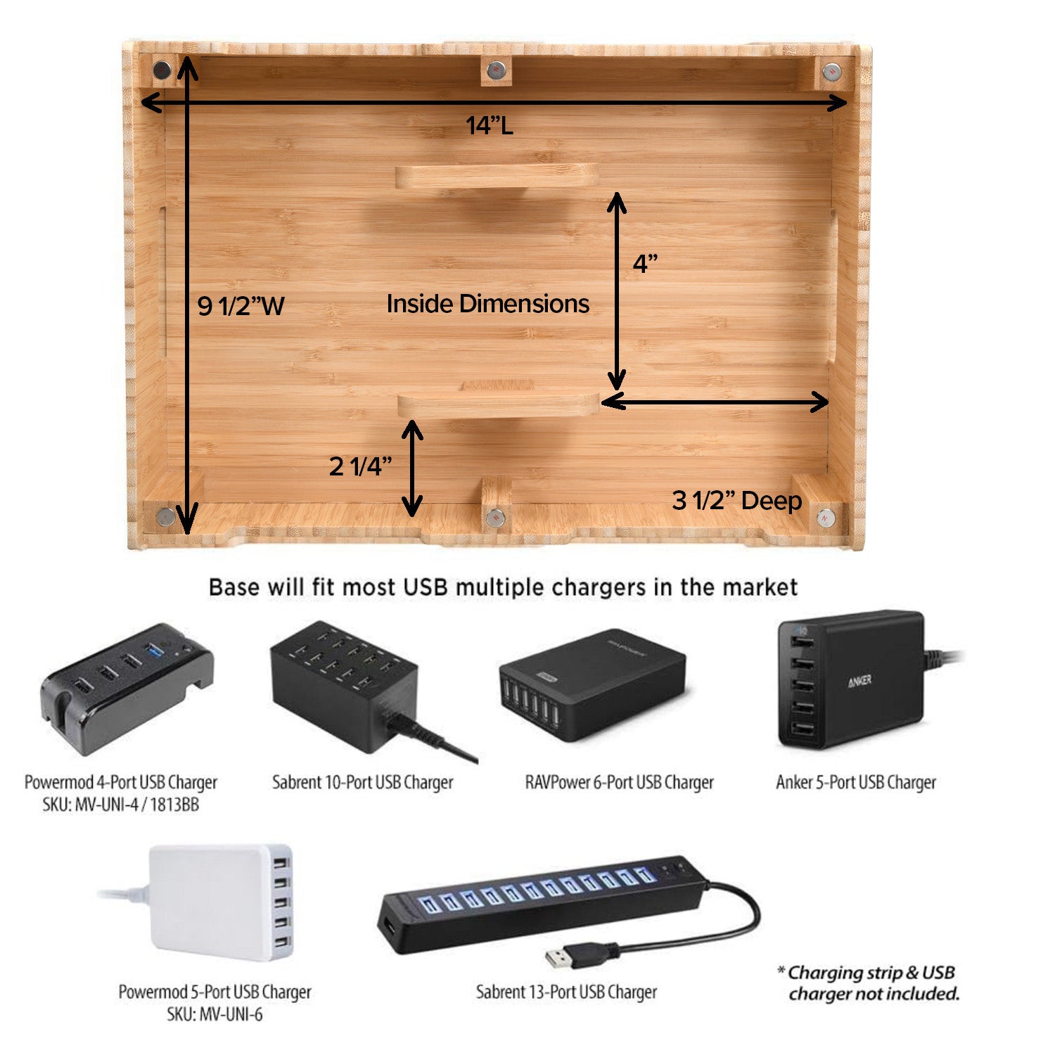 MobileVision Bamboo 12-Port Charging Station & Docking Organizer for Smartphones & Tablets w/ 2 Caddy Add-Ons