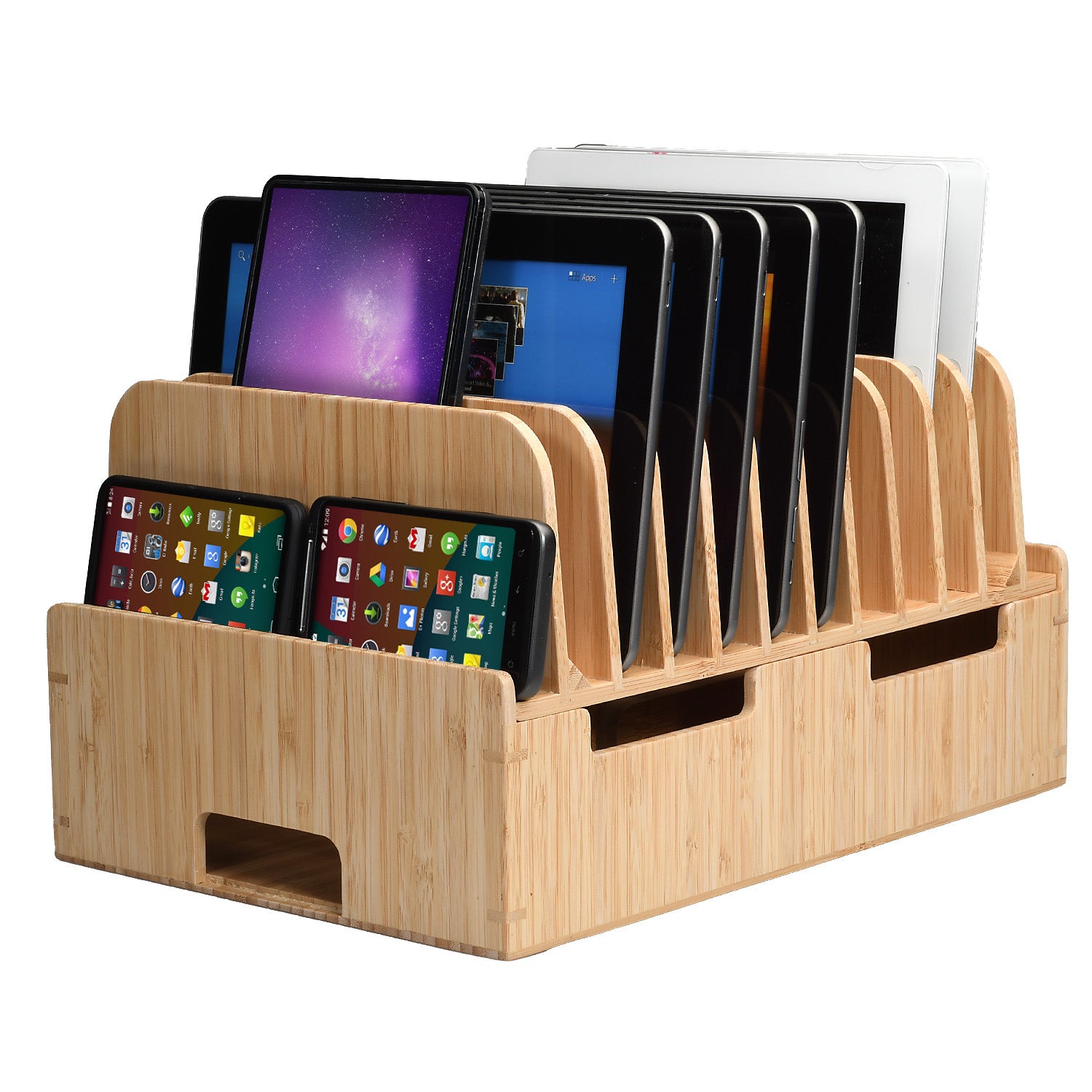 MobileVision Bamboo 12-Port Charging Station & Docking Organizer for Smartphones & Tablets w/ 2 Caddy Add-Ons