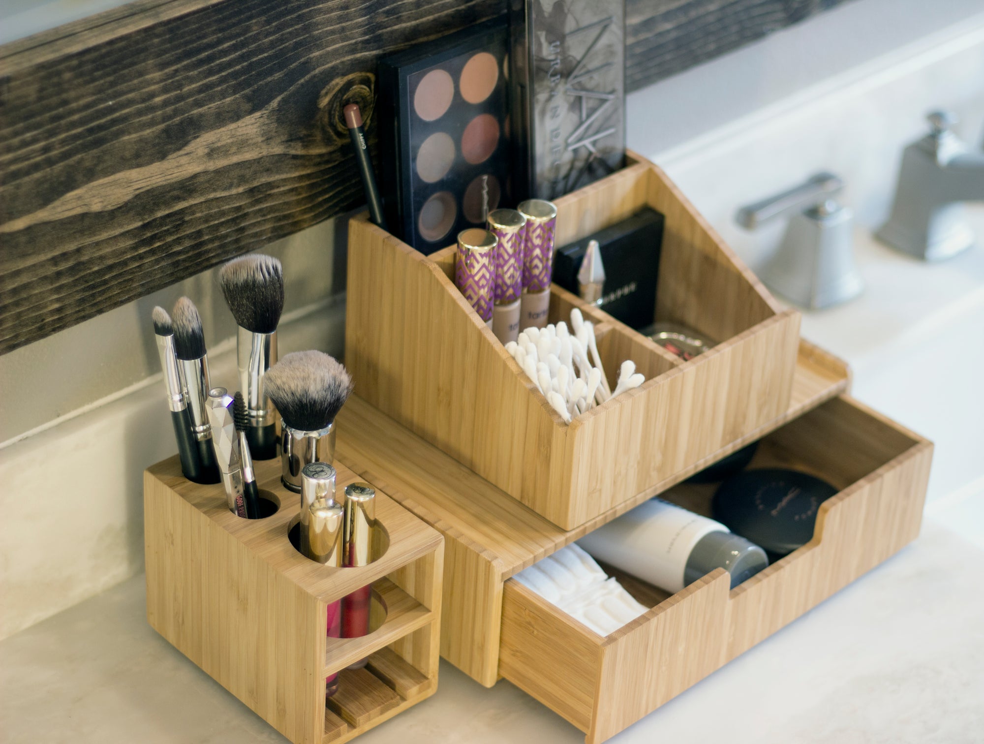 Mobilevision Bamboo Makeup Organizer Complete Combo, 3 PC Set Includes: 5 Section Brush Holder, 4 Compartment Cosmetic Caddy & Drawer for Added